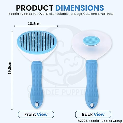 Image of Foodie Puppies Self Cleaning Slicker, Pet Grooming Shedding Brush for Dogs and Cats (Push to Clean Slicker, Oval) - Easy to Remove Loose Undercoat, Pet Massaging Tool Suitable for Pets with Long or Short Hair