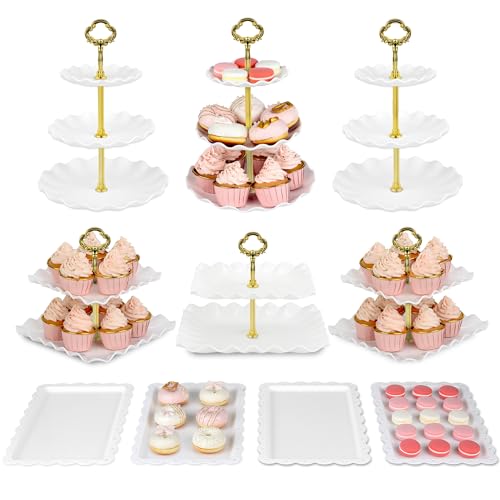 Pack of 10 NWK Cake Stand Set, with 3 x Two-Tier and 3 x Three-Tier Cupcake Stands, 4 x Appetizer Trays, for Birthday Baby Bridal Shower Party (Gold)