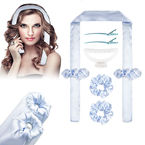 Heatless Hair Curlers, Upgraded Segmented Design Heatless Curling Rod Headband, No Heat Curl Ribbon with 2pcs Hair Clips and Scrunchie, Soft Silk Sleeping Curls Ribbon Hair Styling Tools Kit(Blue)