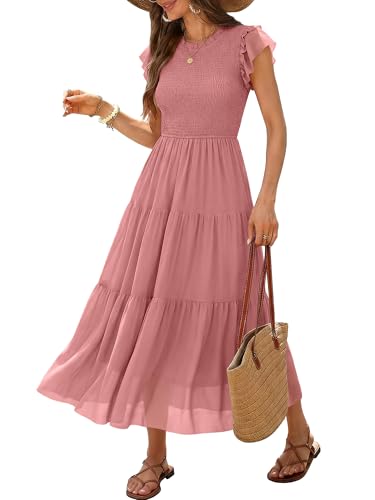 Caracilia Womens Summer Casual Tulle Midi Dresses Ruffle Sleeve Crew Neck Smocked Mesh 2026 Flowy Tiered Wedding Guest Dress Coral Pink Medium