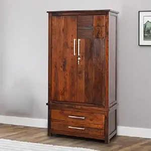 Royaloak Mourya Wooden 2 Door Wardrobe | Sheesham Wood | Steel Handle | CNC Grove Design | Drawer Storage | Wooden Wardrobe | Door with Safety Lock | Wooden Almirah for Clothes | Emperor Collection