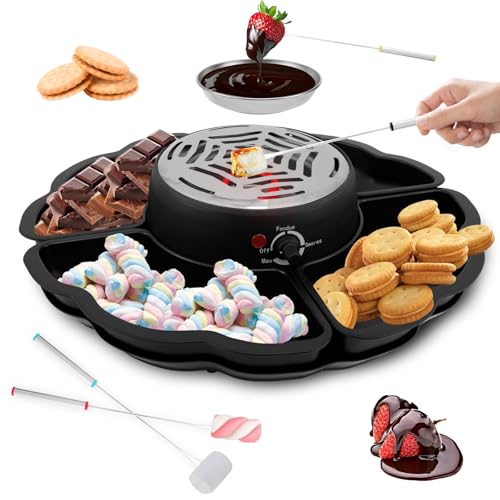 JEJUWE 2 in 1 Electric Smores Maker Fondue Pot Tabletop Indoor Smores kit with 4 Roasting Forks and 4 Detachable Trays 1 Flameless Temperature-controlled Heater Housewarming Christmas