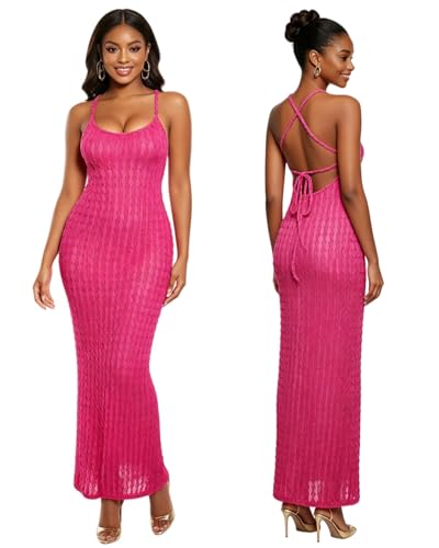 Image of RARITYUS Women's Lace Up Bodycon Maxi Dress Sexy Low Cut Backless Sleeveless Textured Long Party Club Dresses