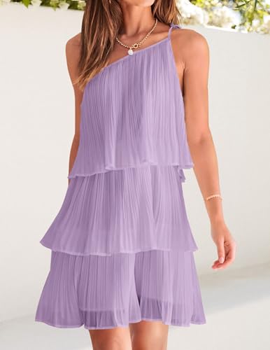 Image of ZESICA Women's Boho Summer One Shoulder Sleeveless Ruffle Tiered Layered Chiffon Pleated A Line Flowy Mini Dress