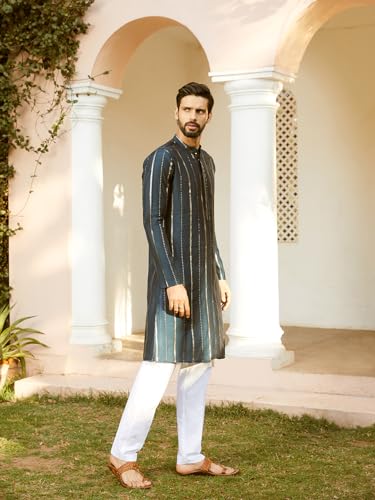 Image of See Designs Men Full Sleeve Chanderi Silk Sequins Mandarin Collar Side Slit Kurta With Pyjama