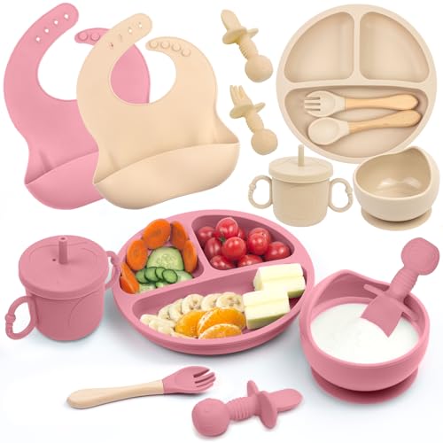 Image of Silicone Baby Feeding Set, 2 Sets Baby Led Weaning Supplies, Includes Baby Suction Bowls and Plates, Silicone Baby Bibs, Silicone Baby Cup, Silicone Baby Spoons and Forks (Beige & Red)