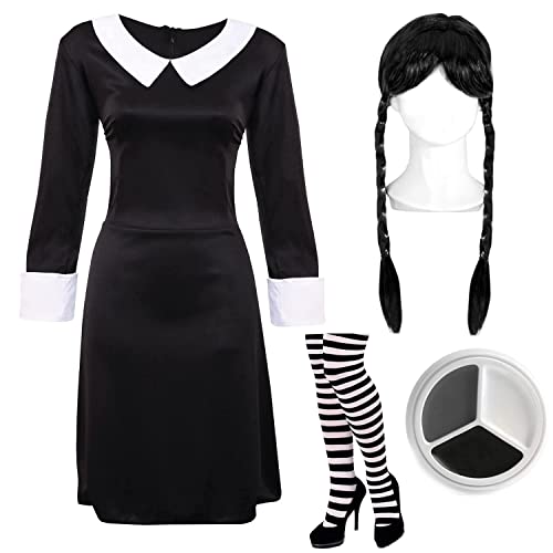 I LOVE FANCY DRESS LTD Déguisement de fille de manoir gothique pour femme - FR 32 - 34 - Déguisement d'Halloween Wednesday adulte - Robe noire + avec + collants + maquillage Cover