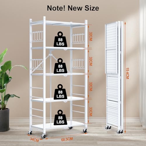 Image of Himix 5-Tier Foldable Storage Shelves 20 Hooks Wheels White No Assembly | Folding shelving units, Metal collapsible organization, Wire rack, Unit rolling cart, Bookshelf, Kitchen, Home, Holds 440 Ibs
