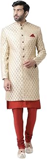kisah Men's Indo-Western Kurta Sherwani Churidar Set, Cream Silk Blend, Jacquard Regular Fit Mandarin Collar Long Sleeves-picture-18