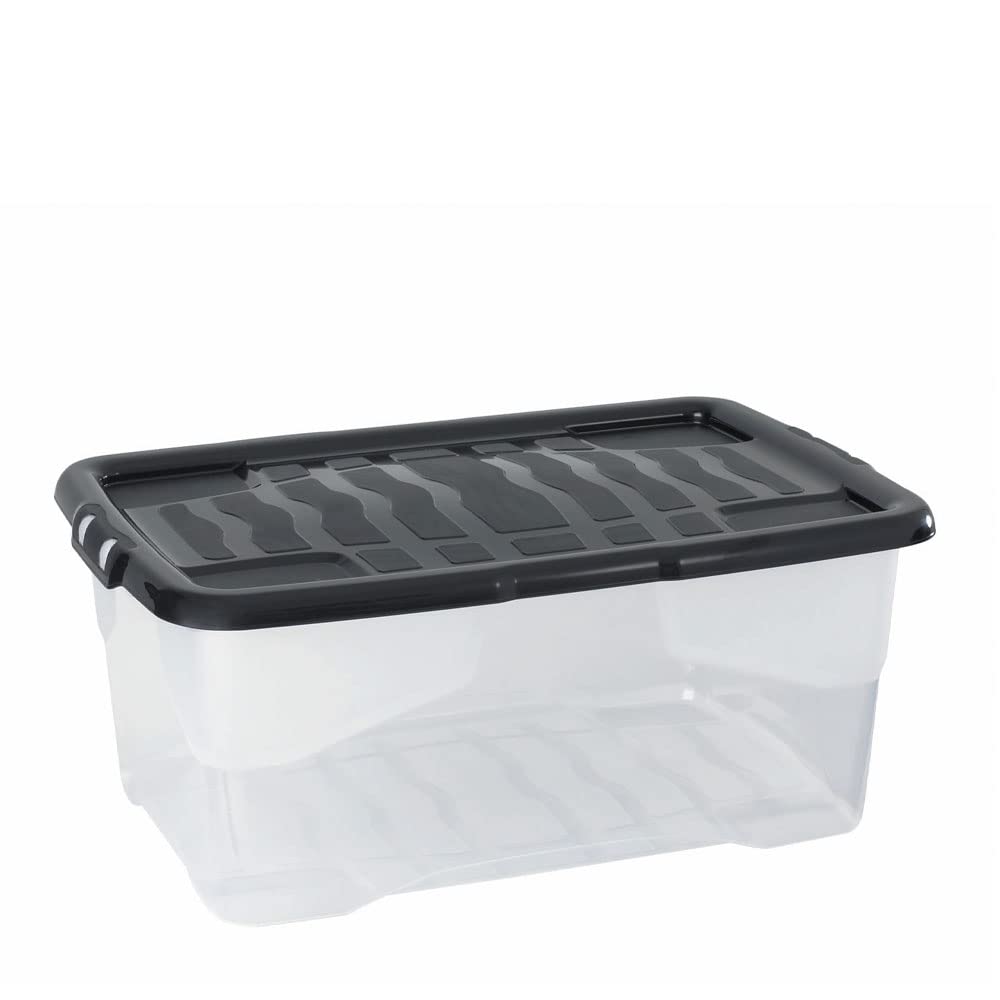 6 Stück - Strata Curve Aufbewahrungsbox mit schwarzem Deckel, 42 Liter, 60x40x25cm - transparent