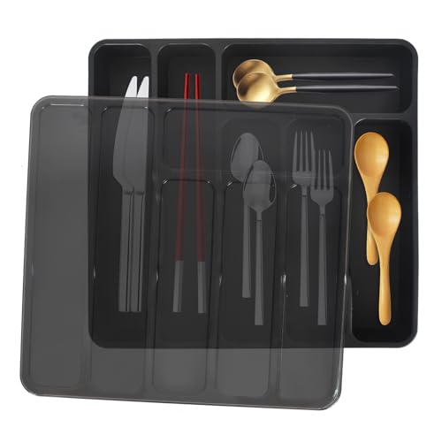 SAVOSWEET Organizador Cubiertos para Cajon con Tapa, Caja de cubiertos para Cajón de Cocina, Organizador de Cajón de Plástico para Cuchillos, Tenedores,Cucharas, Bandeja con 6 Compartimentos