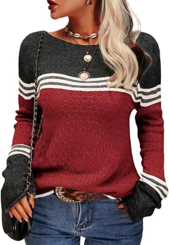 CheChury Jersey mulher inverno malha gola redonda camisola mulher manga comprida básica bloco de cor riscas Oversize camisola de malha mulher manga comprida outono inverno solto camisola casual blusas