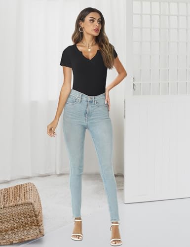 AKEWEI Women's Short Sleeve Tops Soft V Neck Ribbed Knit Shirts Basic Comfortable Clothes Tunic4