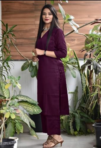 Image of Women's Jam Cotton Silk Co-ord Kurta Set With Pants | Ethnic Wear Solid Lightweight Straight Kurta With Pant