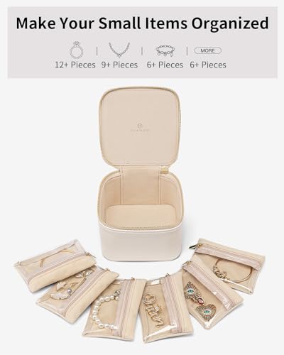 Vlando-Small-Jewelry-Box-OrganizerTravel-Jewelry-Storage-with-6-Velvet-Jewelry-Zipper-PocketsPremium-Petal-Hardware-Jewelry-Case-for-Women-Girls-Christmas-New-Years-Giftswhite