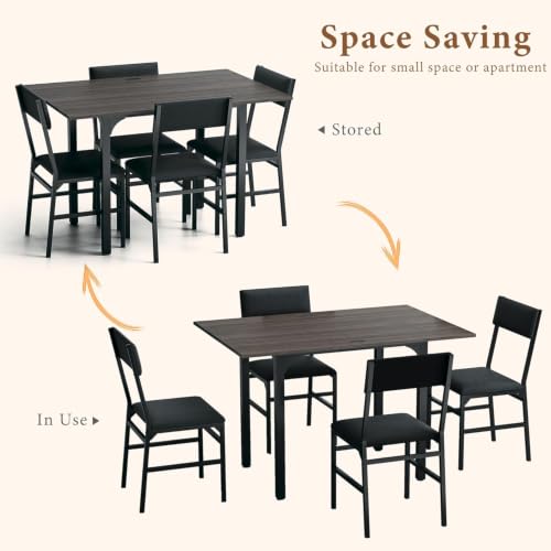 Image of HUAHUU 5-Piece Dining Table Set for 4, Extendable Kitchen Table Set with 4 Upholstered Cushion Chairs, Rectangle Table with Metal Frame & MDF Board, Folding Space-Saving for Small Apartment, Gray