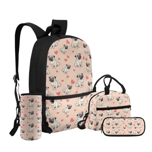 Coldinair Pug Girls Book Bag and Lunch Box Set Pink School Bags Set Cute Backpack for Girls Kids Elementary School Bookbag for Teens Kids Middle School Bookbag Travel Daypack Rucksack3