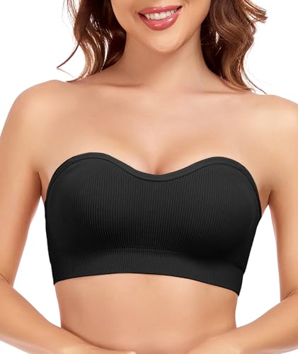 Strapless Bras for Women Padded Wireless Bandeau Bra with Clear and Fabric Straps Non-Slip Grip Tube Top Bralette