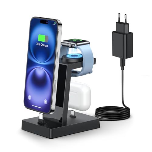 Ladestation für mehrere Geräte ADADPU 30W USB C Schnellladestation 3 in 1 Kabelloser Ladeständer für Apple Watch 11/10/9/8/7/6/5/4/3/2/SE Ladegerät für iPhone 17 16 15 Ohrhörer mit USB-C Anschluss