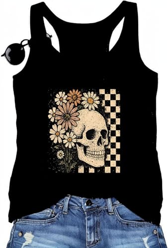 Daisy Skull Tank Tops for Womens Summer Cute Flower Graphic Tops Loose Casual Sleeveless Shirts Tees Racerback Tops(Black1-M)