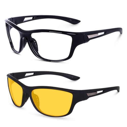 Image of Sports Sunglasses COMBO, UV Protected Wraparound Design, 2 Pack with Night Driving Yellow Lens and Black Sport Lens