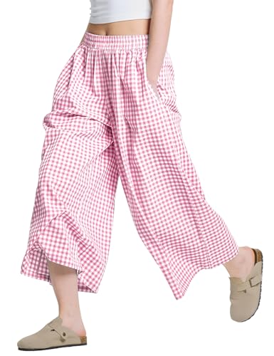 Image of LOMON Womens Wide Leg Capri Pants Gingham Plaid Culottes Summer Elastic Waist Palazzo Trousers Bottoms with Pockets