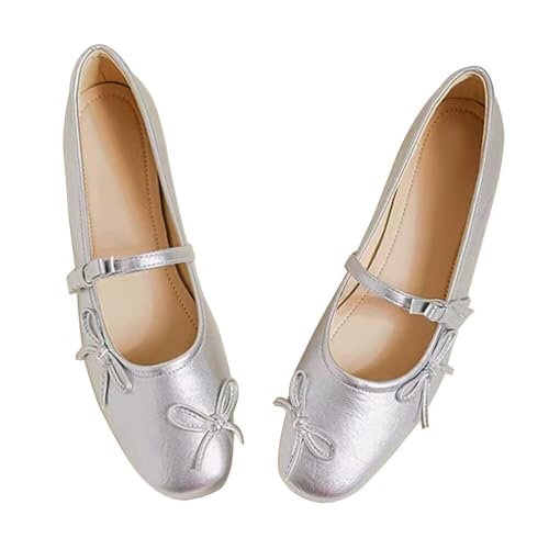 LUXINYU Women Two Bowknot Mary Jane Pu Leather Ballet Flats Square Toe Buckle Strap Casual Party Dress Shoes