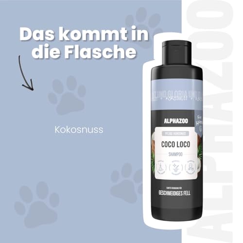 alphazoo Coco Loco Shampoo für Hunde 250 ml – Mildes Hundeshampoo mit Kokosnussfruchtextrakt. Sanfte Reinigung & glänzende Pflege für Fell & Haut. Frei von Parabenen und Silikonen.