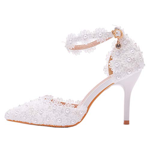 Women High Heels Sandals White Lace Pearls Wedding Shoes Pointed Toe Bridal Shoes4