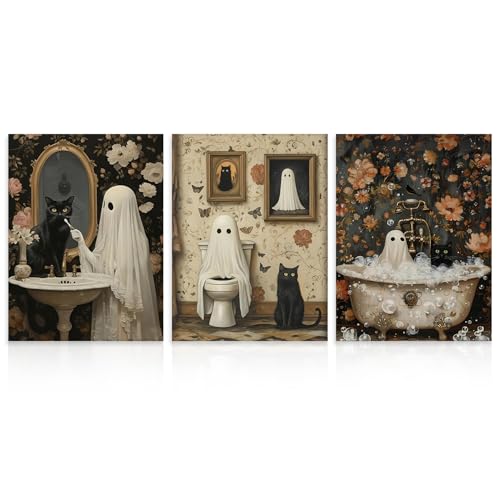 Dazzlewall 3Pcs Vintage Halloween Wand Kunstdruck, Halloween Geist & Schwarze Katze Badezimmer Wand Bild Druck Gruseliger Horror Dark Academia Poster, 12x16 zoll Ungerahmt Dazzlewall 3Pcs Vintage Halloween Wand Kunstdruck, Halloween Geist & Schwarze Katze Badezimmer Wand Bild Druck Gruseliger Horror Dark Academia Poster, 12x16 zoll Ungerahmt