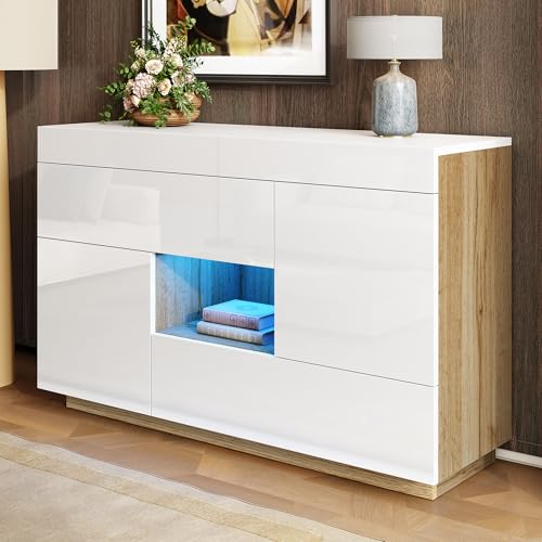LAKFEW Aparadores para Salon con LED y 2 Cajones, Aparador con Almacenaje Oculto y Compartimento Abierto, Aparador Salon con 2 Puertas, Aparadores, Mueble Auxiliar, Sideboard, 120x37x76.5 cm, Blanco
