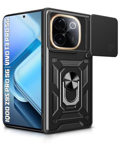 Image of WOW IMAGINE Tough Armor Bumper Mobile Back Case for iQOO Z9s Pro 5G | Vivo T3 Pro 5G | Sliding Camera Shield Cover | Shock Proof 360 Protection | Hybrid PC + TPU | Ring Holder with Kickstand - Black