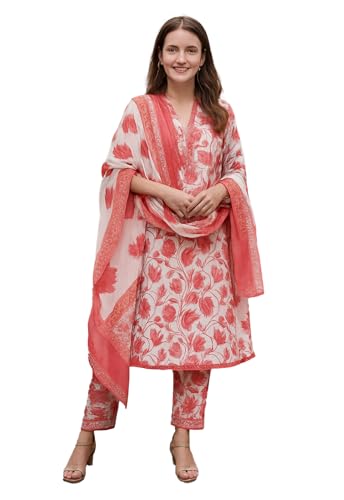 Image of Yashika Women's Cotton Blend Printed Kurta with Pant & Dupatta| Kurta with Pants and Dupatta Set