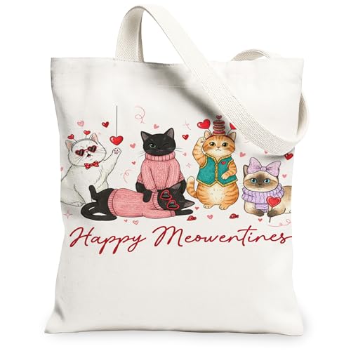 Happy Meowentines Canvas-Tragetaschen, Katzenliebe-Design, wiederverwendbare Einkaufstasche, Valentinstag, leicht, waschbar, Schulterriemen, Weiss/opulenter Garten, 13x15 Inch