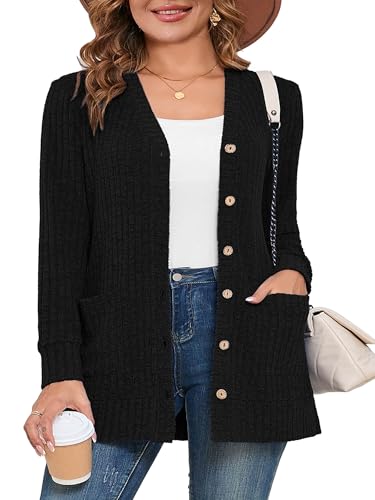 AusLook Plus Size Women Long Sleeve Cardigan 1X Black Open Front Button Down Lightweight Casual Sweater Cover Ups Shrugs Shawls and Wraps Kimono Jacket Coat with Pockets