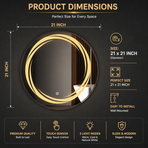 Image of LED Bathroom Wall Mirror with 3 Decorative Lights | Touch Sensor | Warm | Natural and Cool White | for Wash Basin | Bedroom | Dressing Area (Round, 21x21)