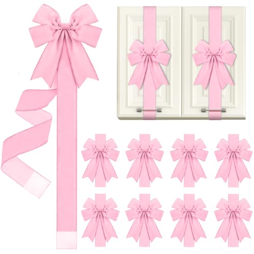 Daifunli 9 Pcs Christmas Velvet Cabinet Door Bows and Ribbons Large Christmas Door Cabinet Bows for Gifts Xmas Cabinets Furniture Kitchen Party Decorations (Pink)
