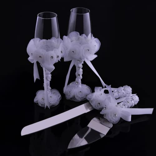 Accessoires de mariage créatifs - Tasse à vin et couteau à gâteau - Pelle en verre transparent - Couteau en acier inoxydable - Pelle blanche - Couteau à gâteau - 4 pièces