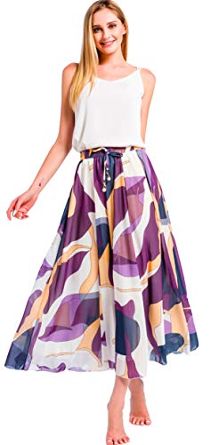 Shmily Girl Falda Larga de Estampado de Flores de Gasa para Mujer (X-Large, Morado)