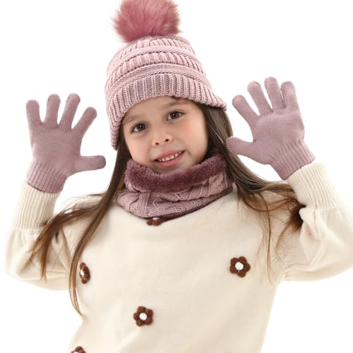 Image of Kids Winter Beanie Hat Scarf Gloves Set for 3-8 Years Old Boys Girls, Thick Warm Knitted Hat Gloves Fleece Lined Scarf Set