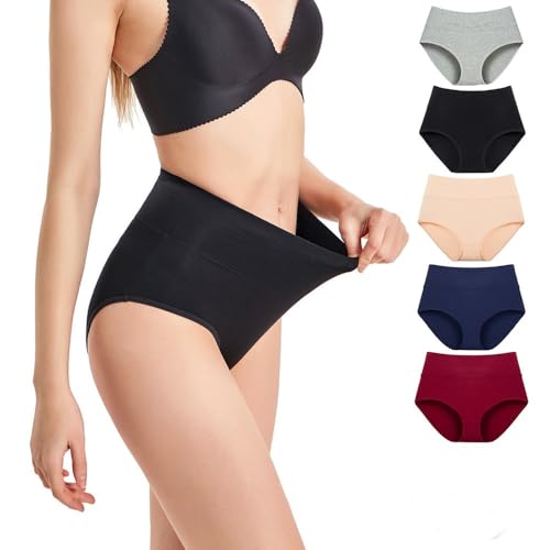Women's High Waisted Cotton Underwear, Full Coverage Briefs, Pack of 5, S-4XL, Multiple Colors