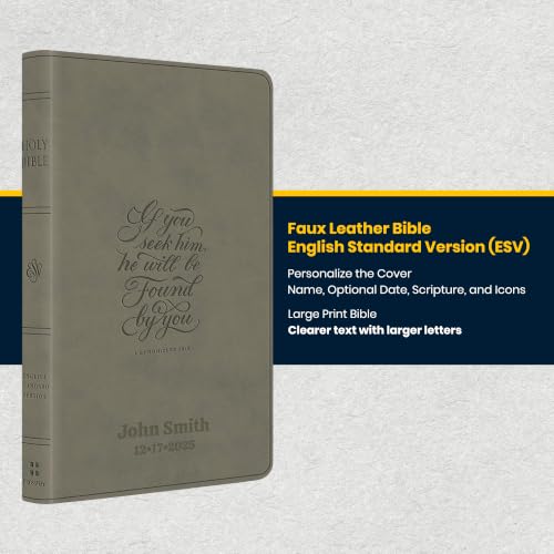 Image of Personalized ESV Large Print Bible for Adult, Name Engraved, Standard Size | Customize Your Grey Faux Leather Bible Your Way, Stay-Open Lay-Flat & Easy-Read Two-Column, Christian Occasion Gift