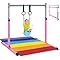 Safly Fun Gymnastics Bar for Kids Ages 3-15 for Home - Steady Steel Construction, Anti-Slip, Easy to Assemble, 3' to 5' Adjustable Height (Bar with Mat, Bright Pink)