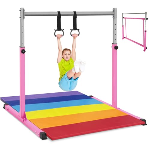 Safly Fun Gymnastics Bar for Kids Ages 3-15 | Sturdy Steel Home Gym, Adjustable Height (3 to 5 ft) with Anti-Slip Base, Easy Assembly