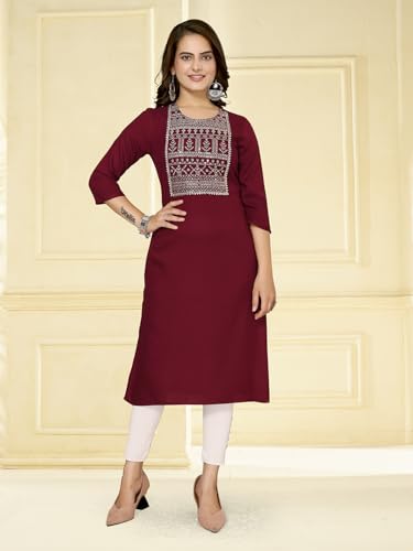 Image of rangita Maroon Rayon Calf Length Embroidered Straight Kurti for Women | Kurta for Women