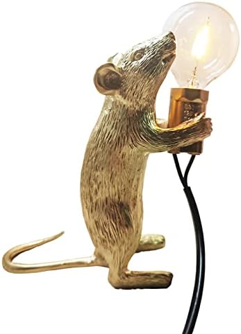 NorDiem Modern Cute LED Resin Animal Rat Desk Lights Art Mouse Children's Bedside Gift Table Lamp Small Mini Mouse Light (Gold Standing)