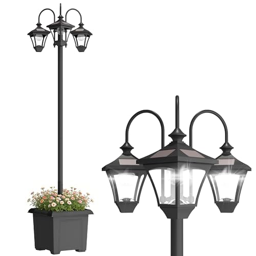 Outsunny Farola Solar Exterior de Jardín con Macetero 3 Cabezales Impermeable IP44 Encendido/Apagado Automático y Altura Ajustable Luz Solar de Exterior LED para Terraza Patio 52x52x185 cm Negro