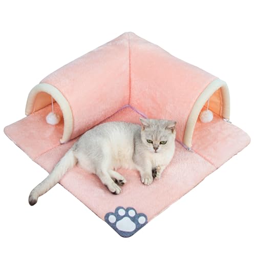 Lit tunnel pour chat 2 en 1 avec tapis, tube de jeu amovible pour chatons - Lavable - Tapis de grotte pour chaton avec balle - Tapis pour chat - 50 x 50 cm...