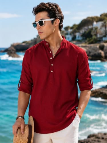 Image of Majestic Man Men's Pure Cotton Solid Mandarin Collar Slim Fit Roll-Up Sleeves Short Kurta Lightweight Summer Kurta for Daily & Occasion Use