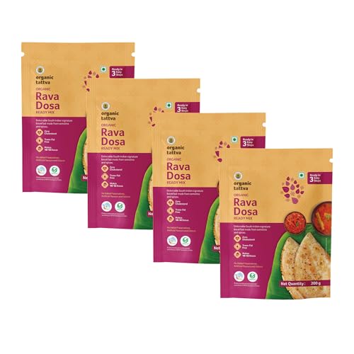 Image of Organic Tattva Rava Dosa Instant Mix, 800g, Ready in 5 Easy Steps, 4 Pack | With Rock Salt & Cumin Seeds, Low in Carbs & Calories, No Artificial Flavours or Preservatives, Ideal for Quick Breakfasts